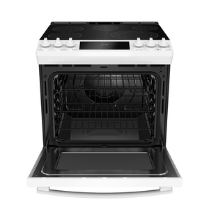 Cuisinière électrique encastrée GE Profile 30 po avec commandes à l'avant, tiroir de cuisson, blanc PCS940DMWW