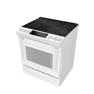 Cuisinière électrique encastrée GE Profile 30 po avec commandes à l'avant, tiroir de cuisson, blanc PCS940DMWW
