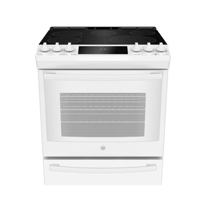 Cuisinière électrique encastrée GE Profile 30 po avec commandes à l'avant, tiroir de cuisson, blanc - PCS940DM1WW