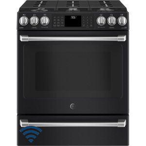 GE Café 30" Gas Slide-In Front Control True European Convection Range with Warming Drawer Black Slate CCGS986EELDS