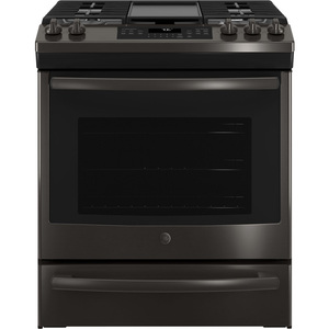 GE 30" Gas Slide-In Front Control Convection Range with Storage Drawer Black Stainless Steel JCGS760BELTS