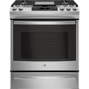 GE 30" Gas Slide-In Front Control Convection Range with Storage Drawer Stainless Steel JCGS760SELSS