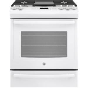 GE 30" Gas Slide-In Front Control Convection Range with Storage Drawer White JCGS760DELWW