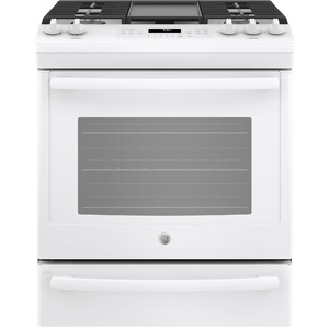 GE 30" Gas Slide-In Front Control Convection Range with Storage Drawer White JCGS760DELWW GE 30" Gas Slide-In Front Control Convection Range with Storage Drawer White JCGS760DELWW